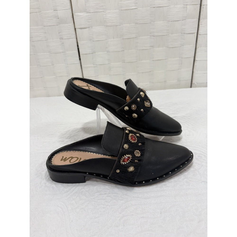 Sam Edleman Laird Mule black leather pointed toe calf hair studded womens 6.5